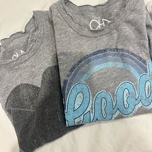 Women’s 2 Gray Tee with Blue and Black  Graphics and 2 other graphic design